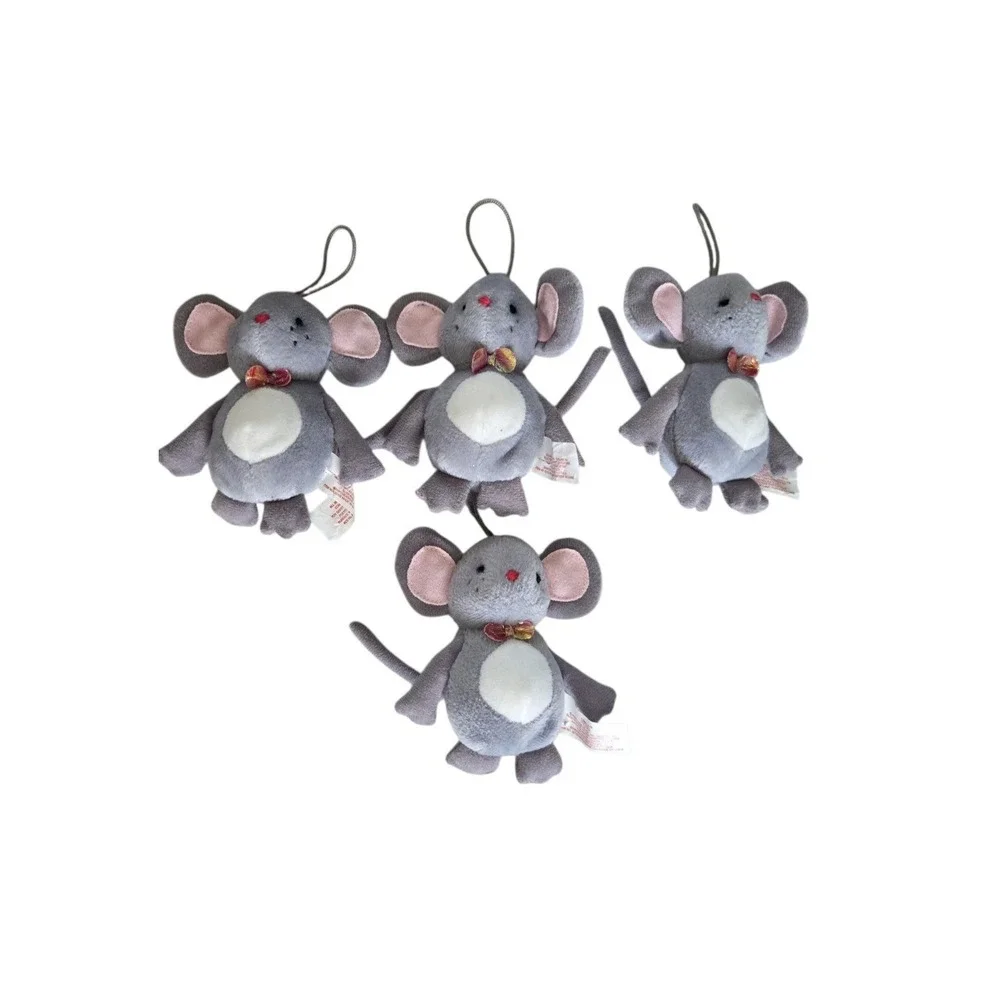 Russ Berrie Plush Mouse Ornament Lot of 4 Gray Mice Christmas Tree Hangers Cute